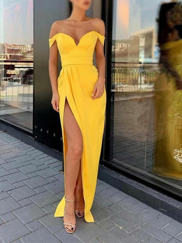 Yellow Modest Off The Shoulder Mermaid Fashion Long Prom Dresses HZ1023